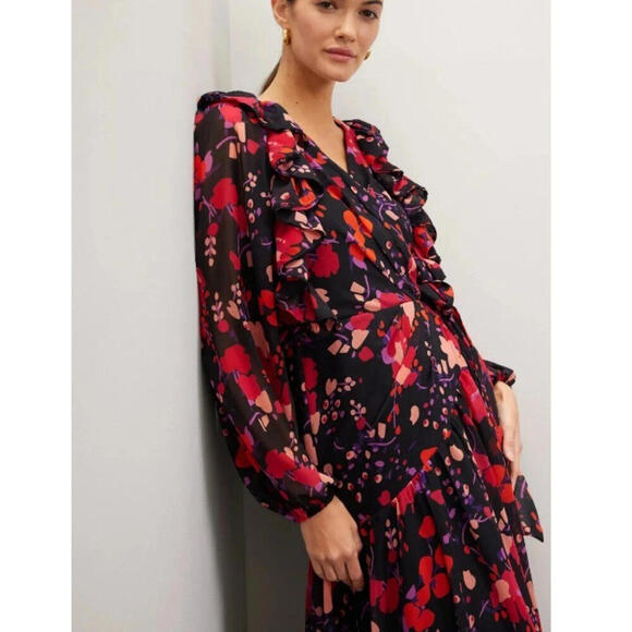 Slate & Willow Dress Size XS Black and Red Floral Midi Wrap Long Sleeve $250msrp - Picture 3 of 8